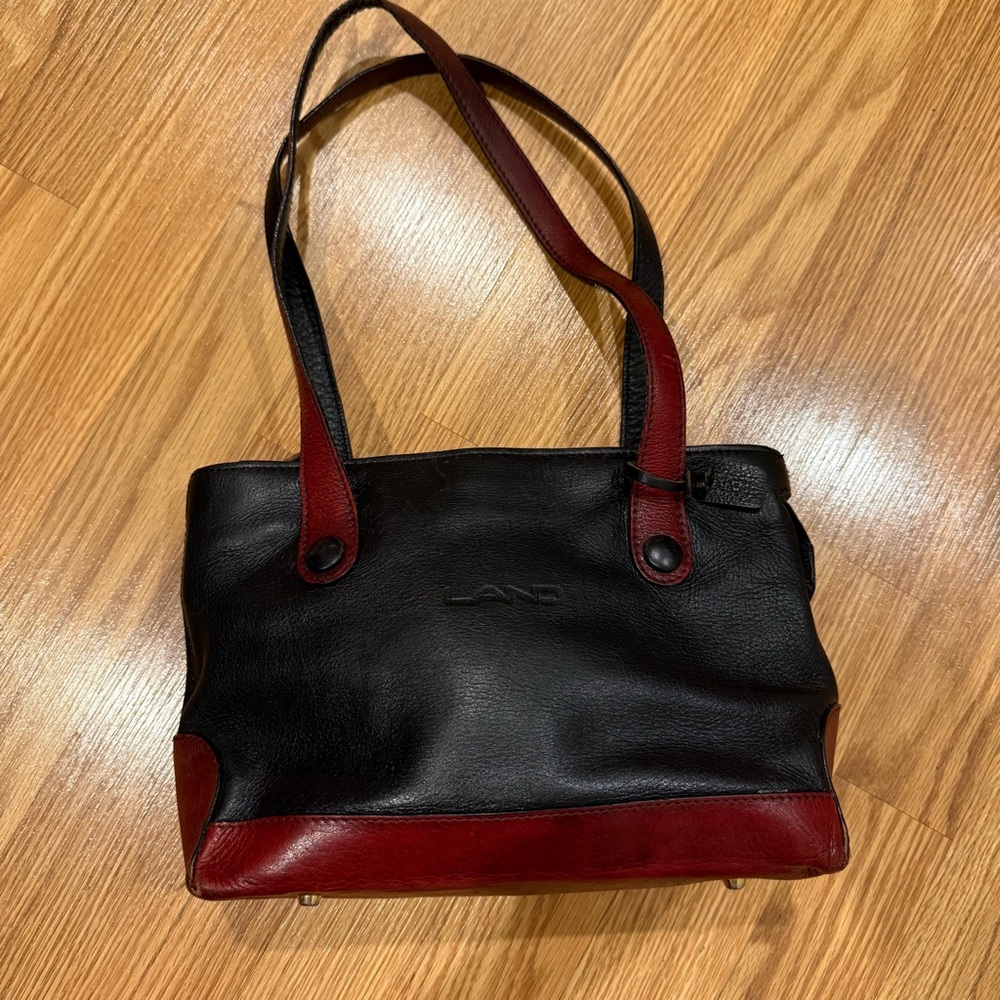 Land‎ Black and Red Leather Shoulder Bag with button strap detail